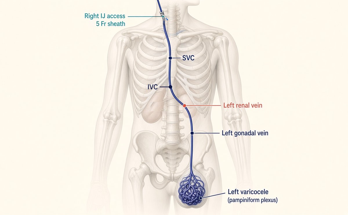 Illustration of varicocele embolization through the right internal jugular vein: a 5 French sheath in the neck, with the catheter passing through the superior and inferior vena cava into the left renal vein and down the left gonadal vein to the varicocele.